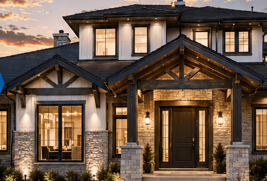 Modern luxury home exterior at dusk