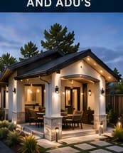 Modern backyard casita with warm exterior lighting