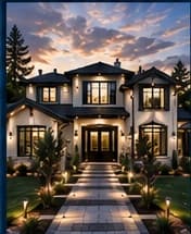 Luxury custom home exterior at dusk